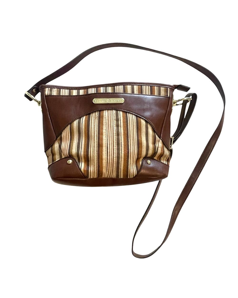 Etienne Aigner Brown Striped Bag Womens Leather Trim Handbag Purse